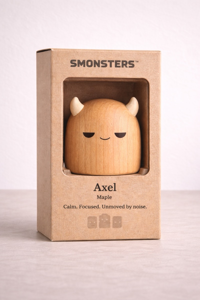 Axel, a rounded wooden figurine with two small pale horns and half-closed eyes, in a kraft box with a window cut into the front.