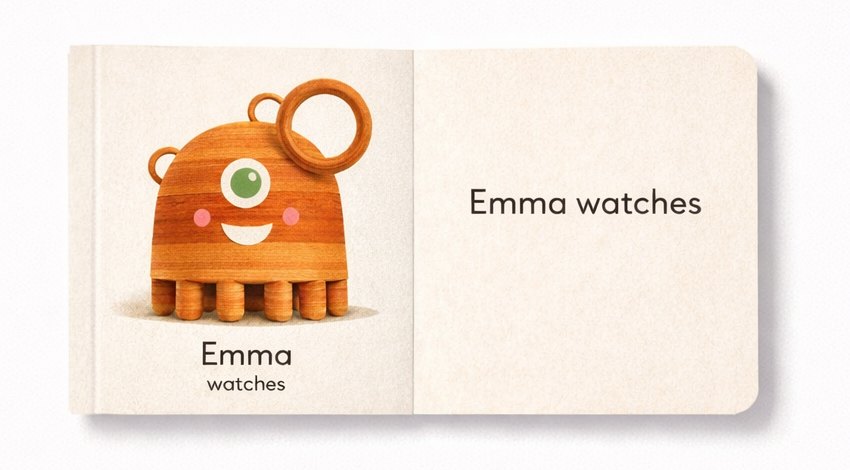 An open board book. On the left page, Emma drawn in warm wood tones with a green eye and a ring above her head, captioned “Emma watches”. The right page is bare.