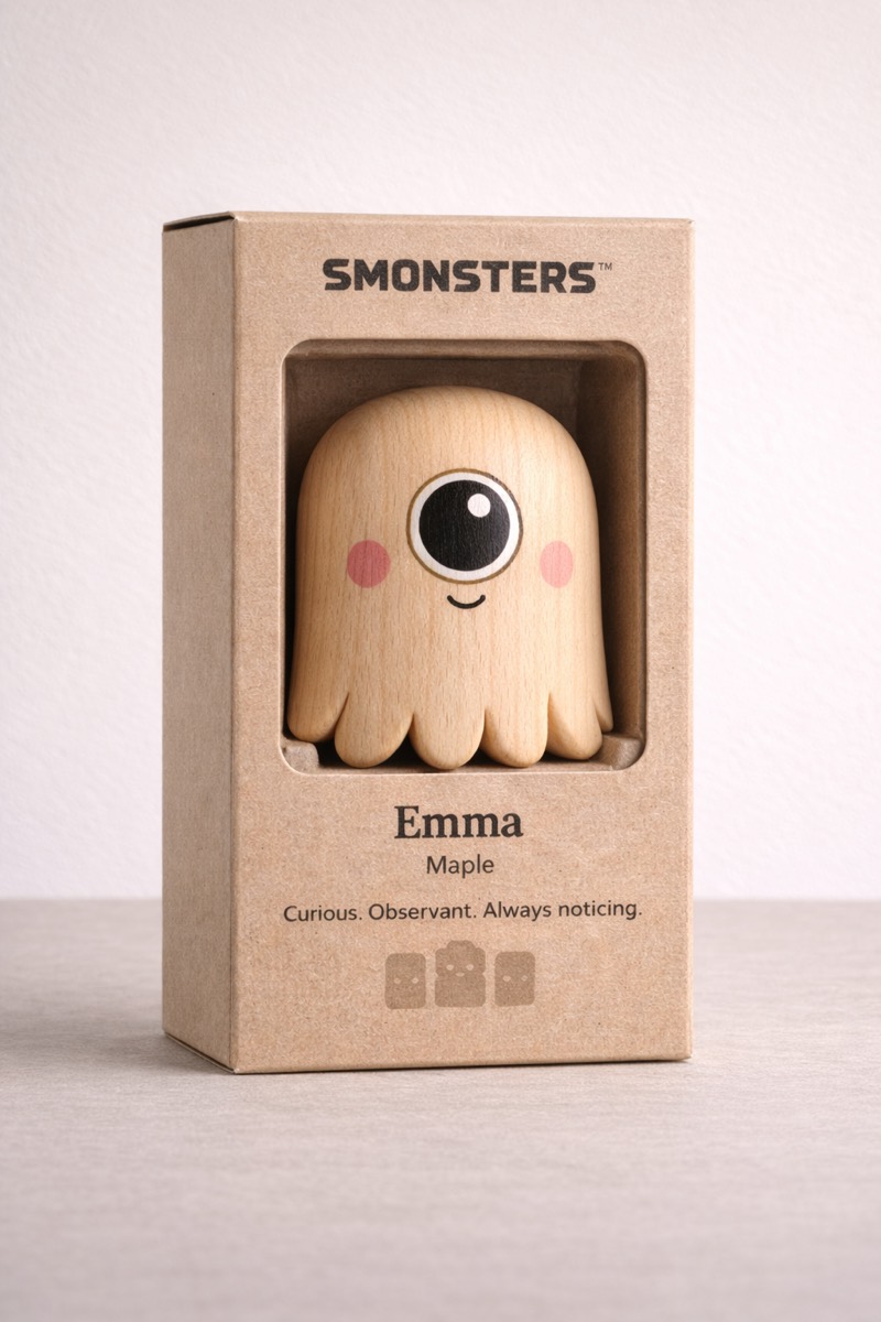 Emma, a pale wooden figurine with one large eye, pink cheeks and a soft scalloped hem, in a kraft box with a window cut into the front.