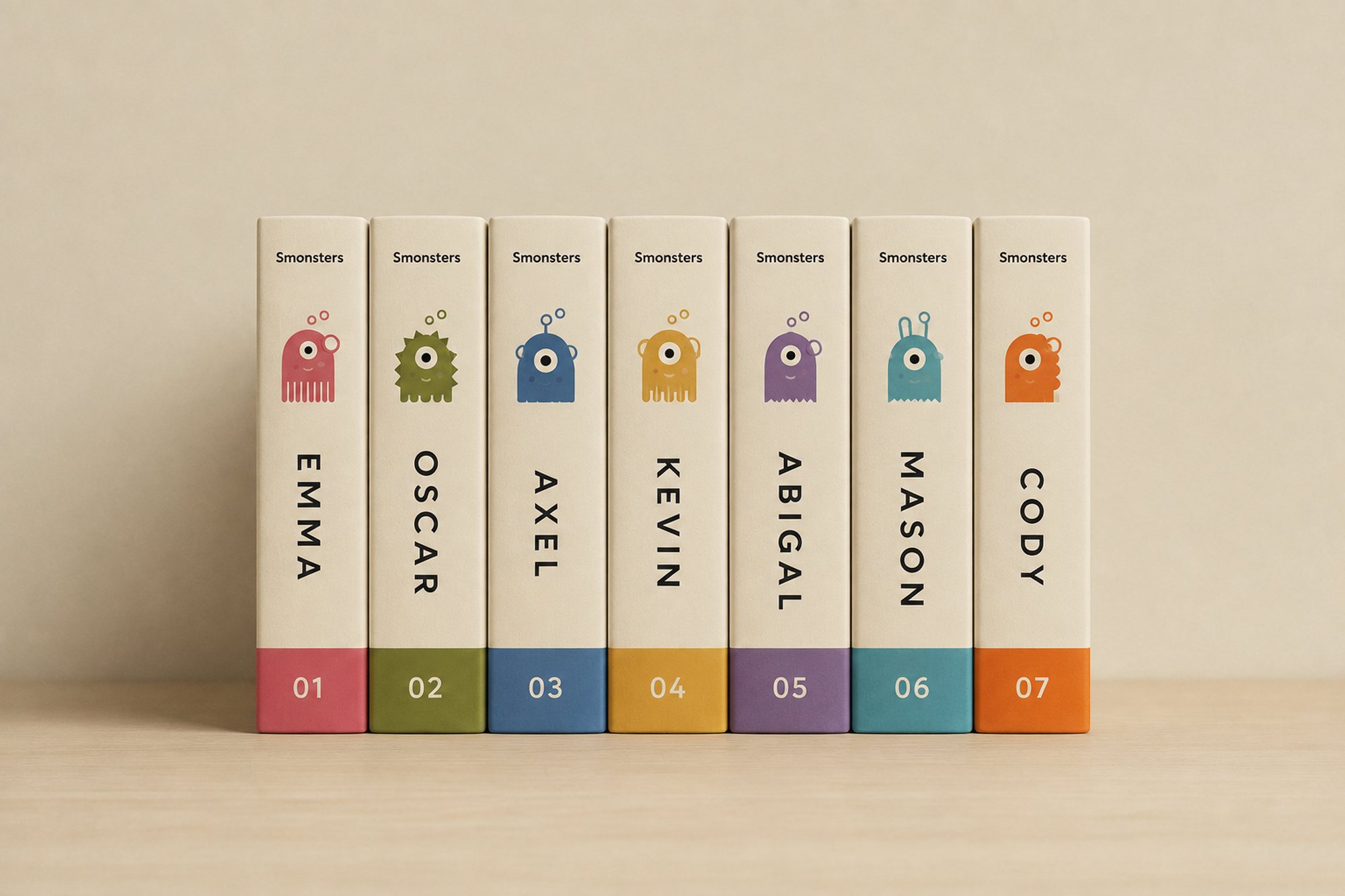Seven Smonsters board books standing in a row, spines out. Each spine carries the Smonsters name, a small one-eyed character in its own colour, the character’s name set vertically, and a numbered colour block at the foot — Emma 01, Oscar 02, Axel 03, Kevin 04, Abigal 05, Mason 06, Cody 07.